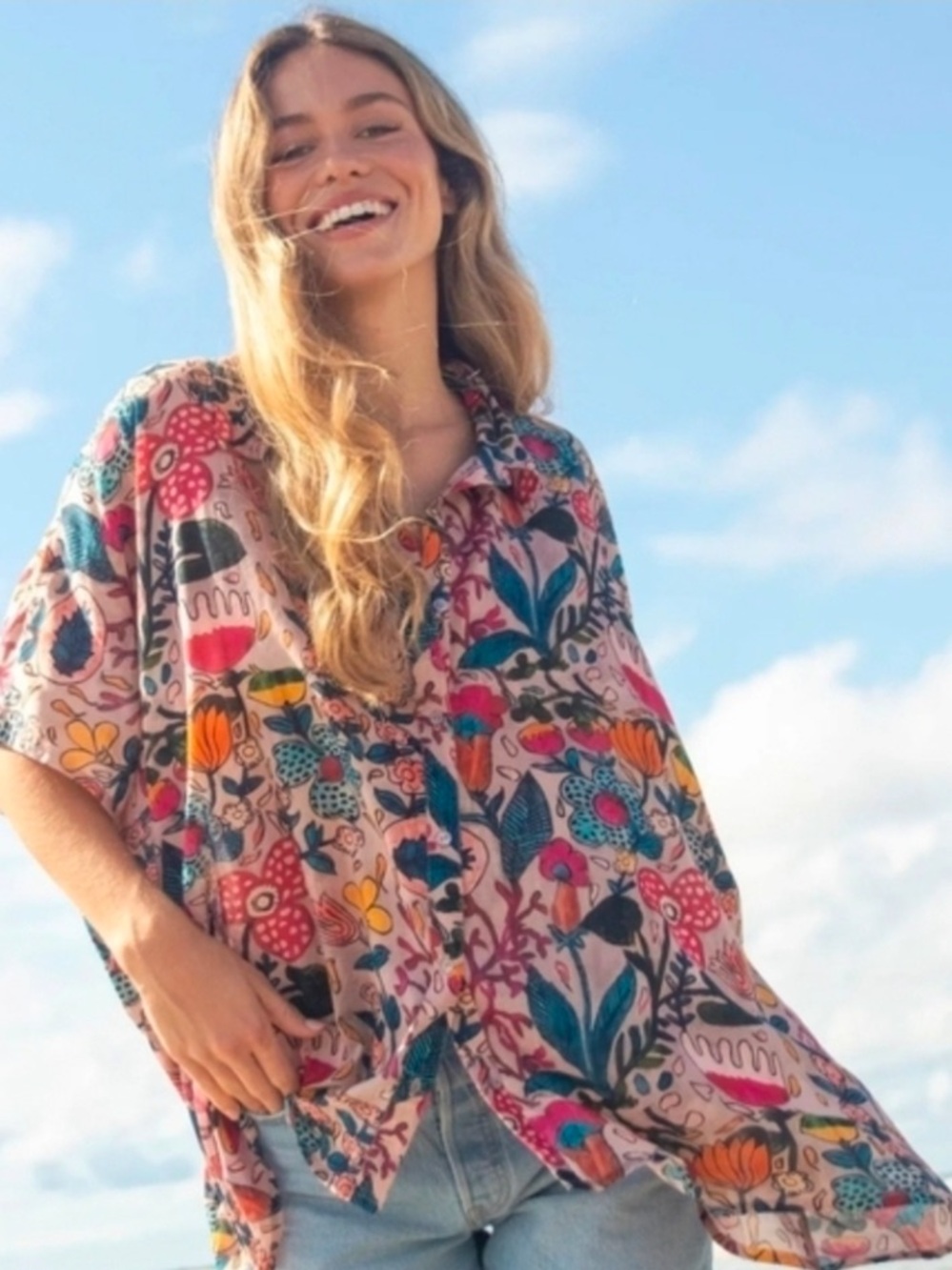 Natural Life One Size Oversized Floral Button Front Poncho Tunic Top Boho OS